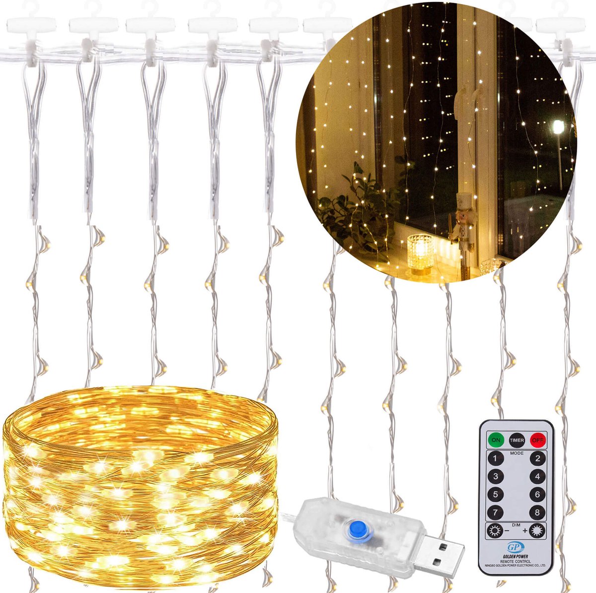 Springos Lichtgordijn - USB & Afstandsbediening - 200 LED - Warm Wit