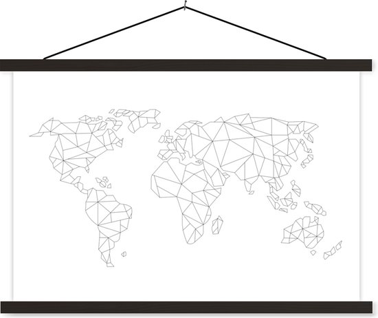 Wereldkaart van lijnen schoolplaat platte latten zwart 60x40 cm - Foto print op textielposter (wanddecoratie woonkamer/slaapkamer)