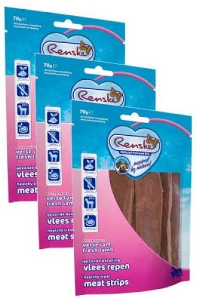 3x70 gr Renske gezonde beloning vlees strip lam hondensnack