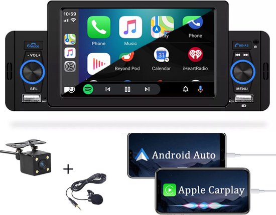 Boscer® 1Din Autoradio | 5' HD Touchscreen | Apple Carplay & Android Auto |  Bluetooth,... | bol.com