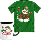 Merry Christmas vrolijke sneeuwpop - T-Shirt met mok - Heren - Kelly Groen - Maat L