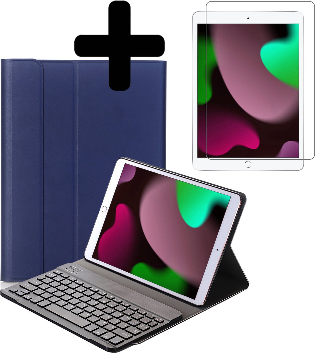 Hoes Geschikt voor iPad 10.2 2020 Hoes Keyboard Cover Toetsenbord Hoesje Met Screenprotector - Hoesje Geschikt voor iPad 8 Toetsenbord Hoes - Donkerblauw