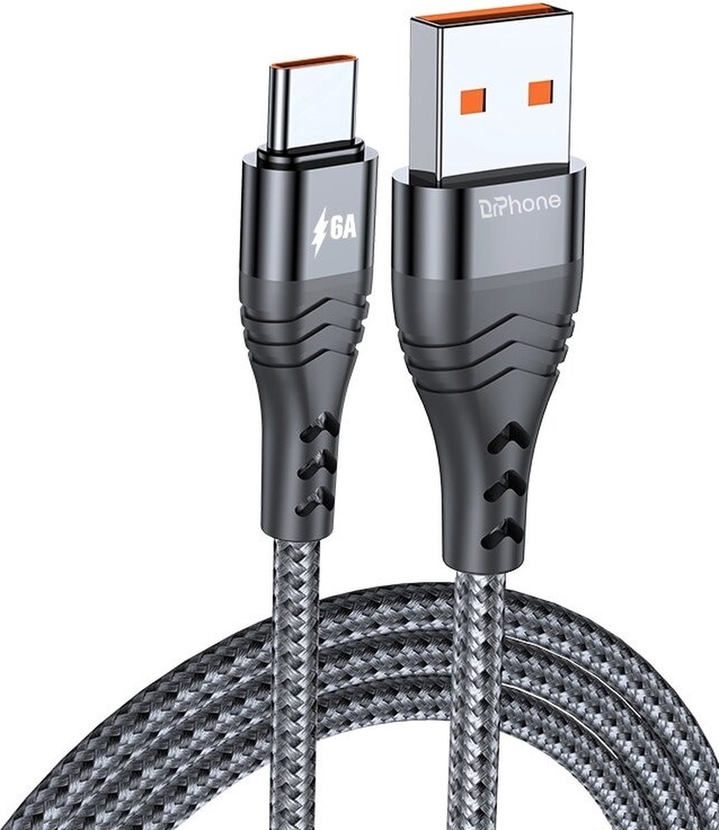 DrPhone SC5 - USB-C Kabel – 6A - 66W TYPE-C -90° Haakse Nylon Gevlochten Oplaadkabel – SuperCharge - Geschikt Voor o.a. SGP Huawei / Samsung - 0.5 Meter – Zwart