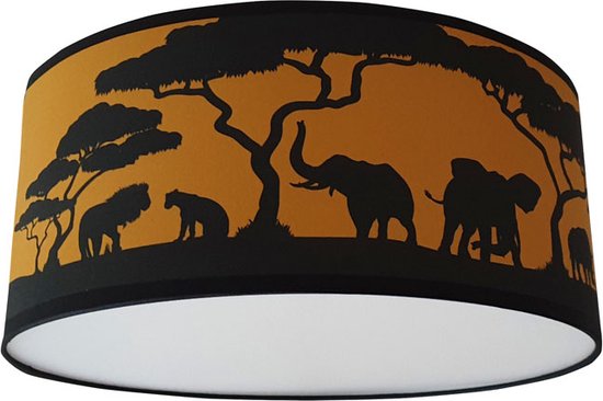 Plafondlamp safari silhouet okergeel -  Kinderkamer plafondlamp - Plafondlamp safari silhouet - Lamp voor aan het plafond - Dieren plafondlamp | Diameter 35cm x 15cm hoog | E27 fitting maximaal 40 watt | Excl. Lichtbron