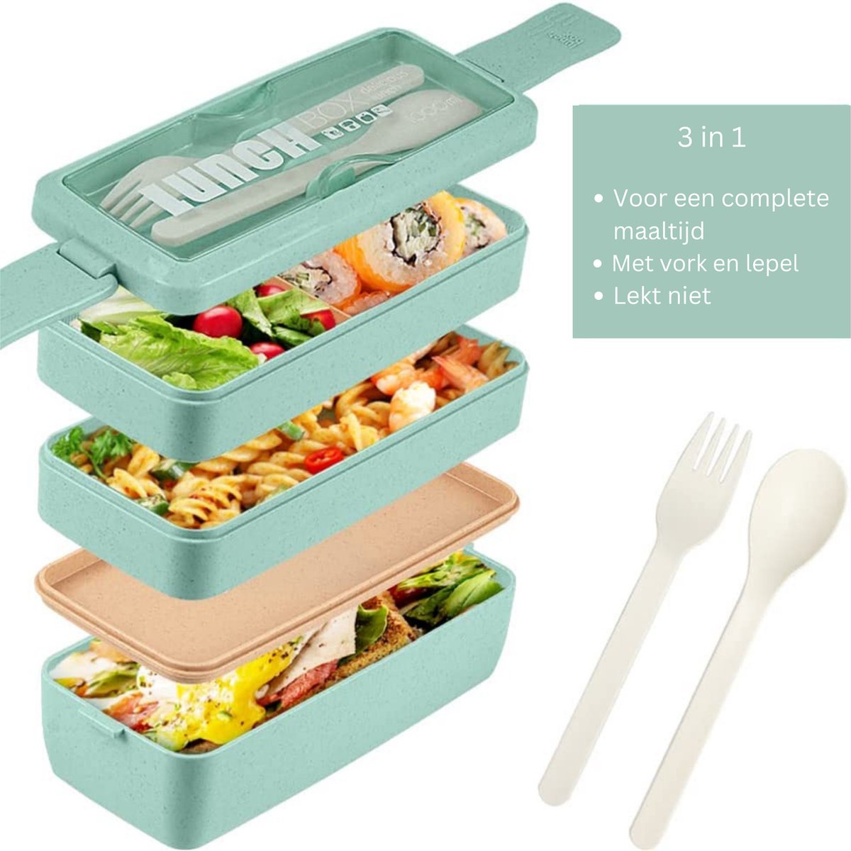 Everusely - Bento Box - Grün - 0,8 L - Edelstahl-Lunchbox mit auslaufsicherem Gewürzbehälter
