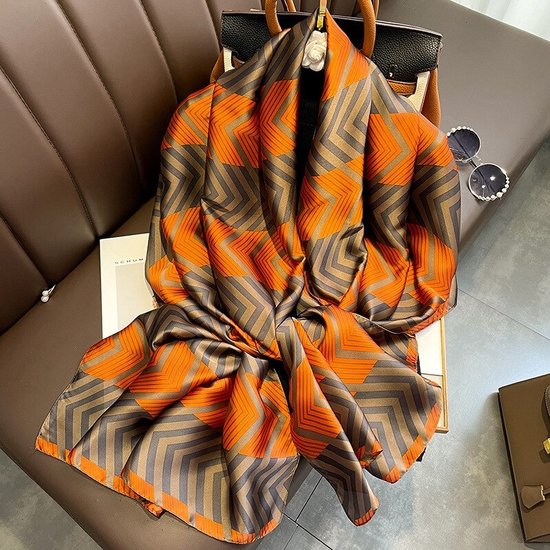 Zijden Sjaal met Zig Zag Patroon – Oranje & Bruin – Sjaal Dames – Herfst & Winter Sjaal – 180*90 cm