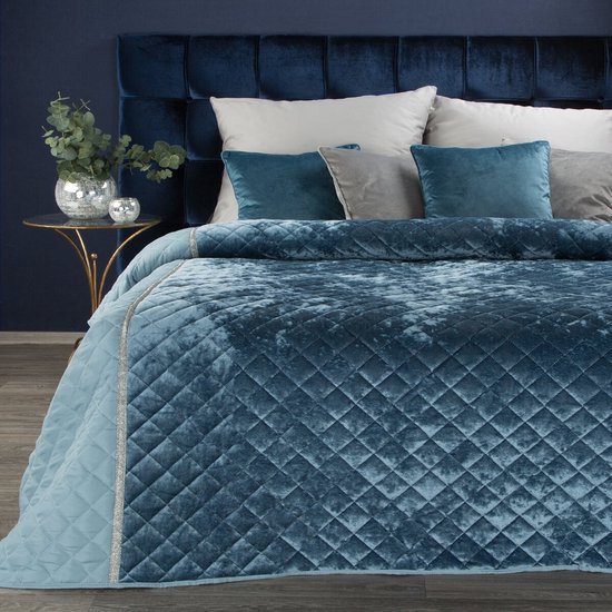Oneiro’s luxe KRISTIN Beddensprei blauw - 220x240 cm – bedsprei 2 persoons - beige – beddengoed – slaapkamer – spreien – dekens – wonen – slapen