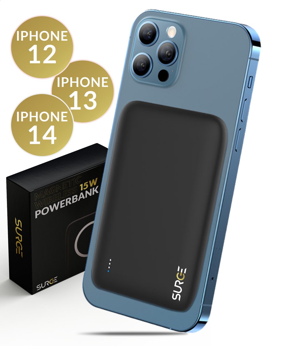 Surge Draadloze Powerbank 5000mAh voor iPhone 12, 13 en 14 - Geschikt voor Apple Magsafe - 15W Draadloze Battery Pack - Snellader met 22.5W Quick Charge 3.0 voor iPhone, Samsung en Andere Smartphones