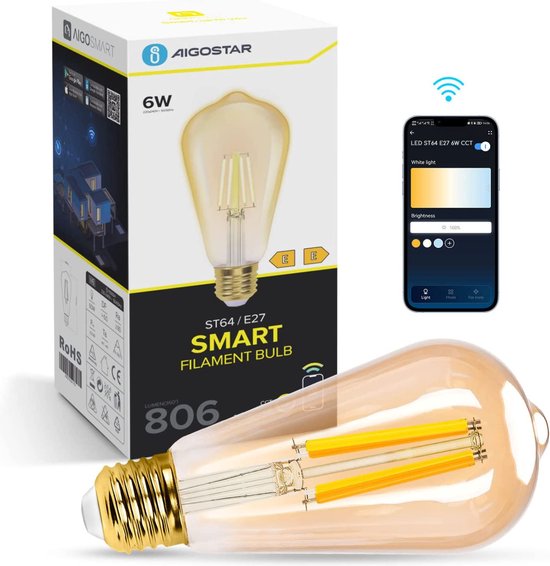 Aigostar 10YIE - ST64 - Ampoule à Filament Intelligente - E27 - Ø 6,4 cm - Contrôle App - Dimmable - Ampoule Smart - 6W