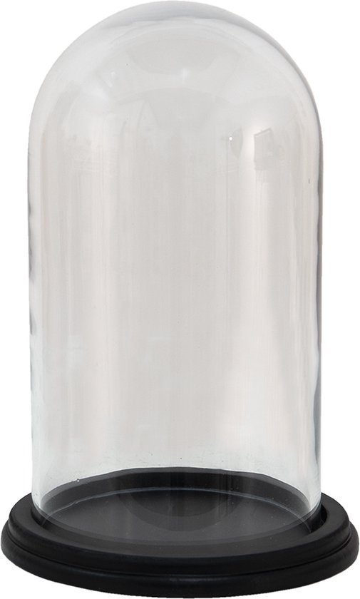HAES DECO - Decoratieve glazen stolp met zwart houten voet, diameter 23 cm en hoogte 23 cm - ST034781