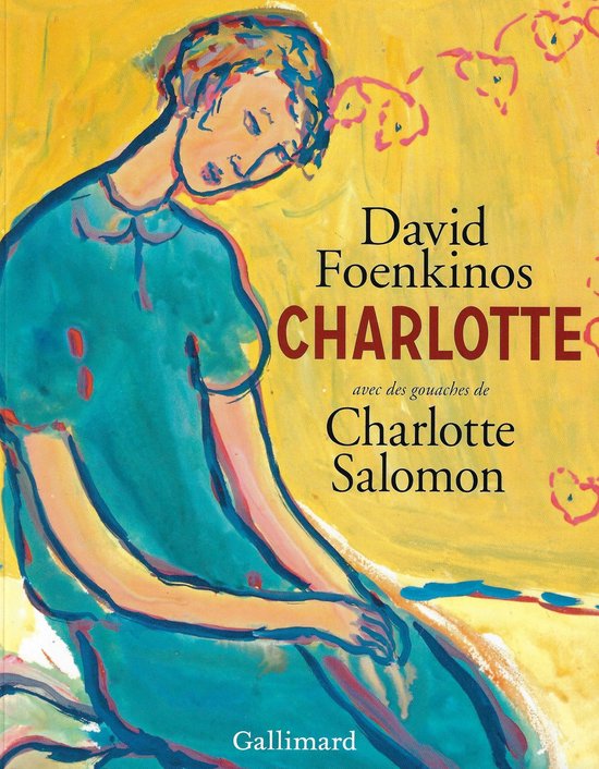 Boekcover met de titel "Charlotte". Een aquarel van een vrouw in een blauwe jurk op een gele achtergrond.