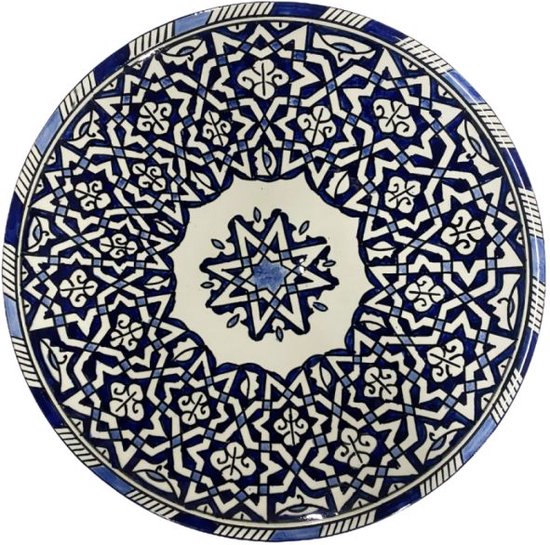 Bol marocain fait main en poterie de Fes Ø35 - Blauw - Wit | bol