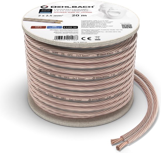 Oehlbach luidsprekerkabel 2 x 2,5 mm² op minihaspel, 20 meter lang, OFC, 120W.