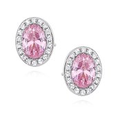 Joy|S - Zilveren chique ovale oorbellen - 9 x 7 mm - zirkonia roze - gehodineerd