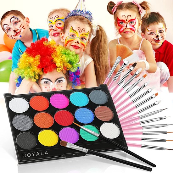 Royala - Set - 15 kleuren - 17 Penselen - Waterbasis - Make-up - Voor... |