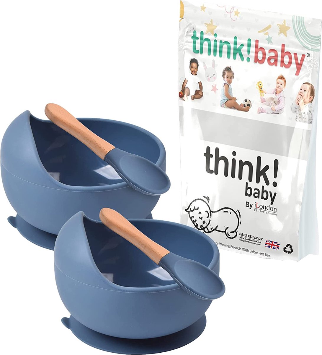 Think Baby ® Silicone Baby Feeding Bowl & Spoon Set met Bamboe Handvat Niet Giftig BPA Gratis Food Grade Siliconen Kom Magnetron & Vaatwasser Veilig Peuter & Baby Spenen Product Blauw 2-Pack