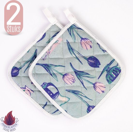 TAVAS Belle tulipe bleue Maniques 2 pièces Batterie de cuisine résistante à la chaleur Katoen, Thermolite jusqu'à 220°C