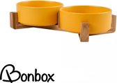 Bonbox Shop - Dubbele voerbak - Keramisch - Katten voerbak - Bamboohouder - Geel Oranje - 2x 400ml