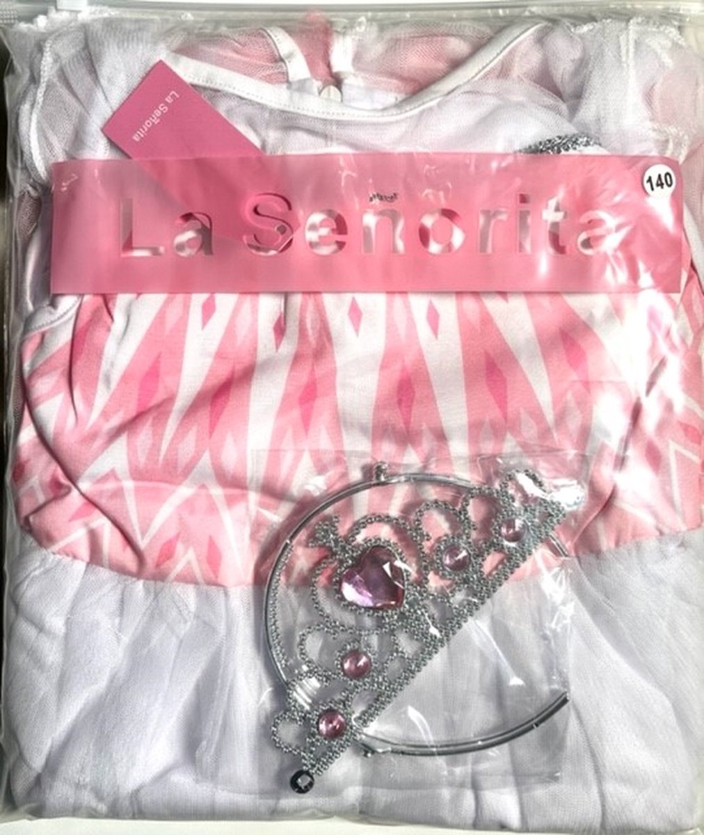 Elsa jurk roze wit Luxe met sleep + kroon (130) Prinsessen jurk verkleed jurk verkleedkleding — afbeelding 5