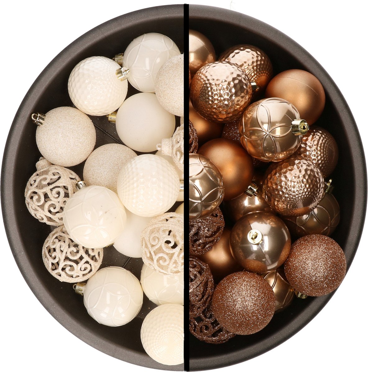 Kerstballen - 74x stuks - wol wit en camel bruin - 6 cm - kunststof