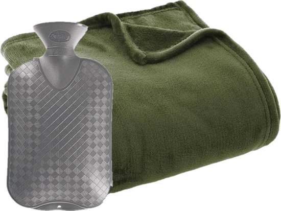 Fleece deken/plaid Olijf Groen 130 x 180 cm en een warmwater kruik 2 liter