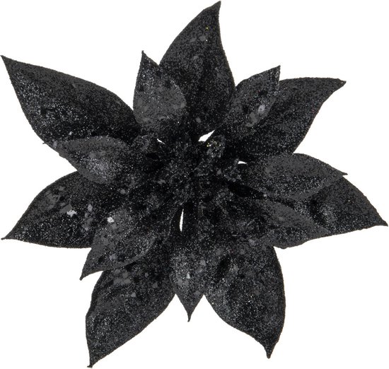 1x stuks decoratie bloemen kerststerren zwart glitter op clip 15 cm - Decoratiebloemen/kerstboomversiering