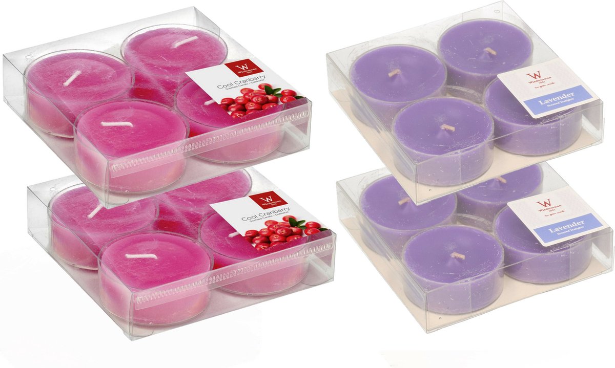 Trend Candles 16x max-size geurkaarsen theelichtjes lavendel en cranberry 8 branduren Multi