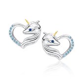 Joy|S - Zilveren hartje met eenhoorn oorbellen - 11 x 12 mm - unicorn zirkonia blauw - gehodineerd