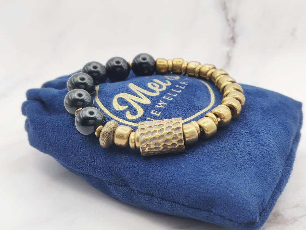 Mei's | Tibetan Copper Marbles | armband dames / kralenarmband | Edelsteen / Regenboog Obsidiaan / Koper | polsmaat 17 cm / zwart / goud