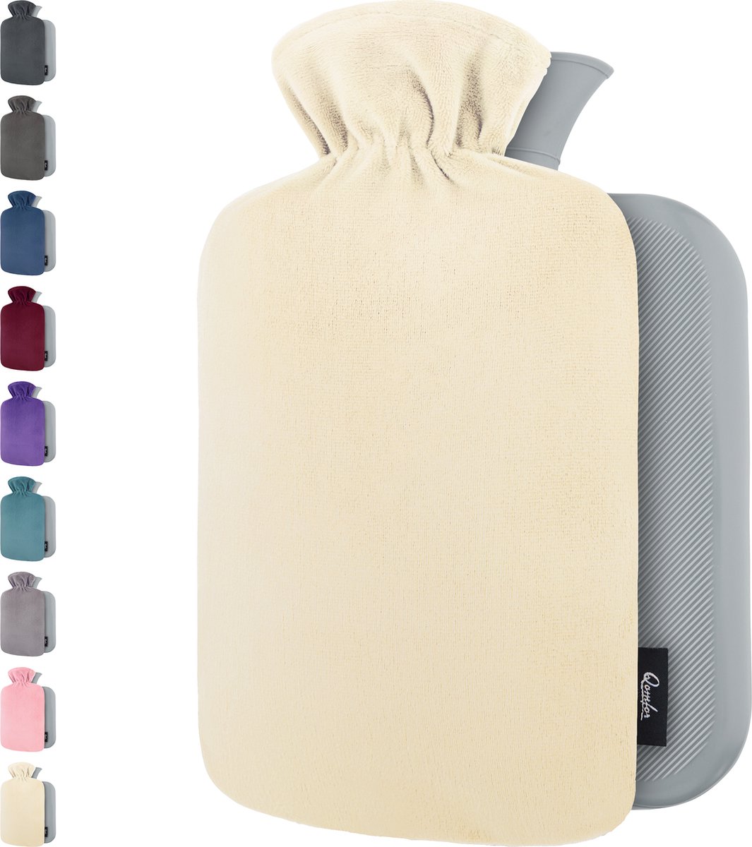 Qomfor Kruik met Zachte Fleece Hoes - 1,8 liter - Warmwaterkruik voor Pijnverlichting en Ontspanning - Champagne