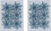 12x stuks decoratie bloemen rozen ijsblauw glitter op ijzerdraad 8 cm - Decoratiebloemen/kerstboomversiering/kerstversiering