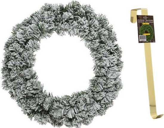 Groen/witte kerstkrans 40 cm Imperial met kunstsneeuw en met gouden hanger - Kerstversiering/kerstdecoratie kransen