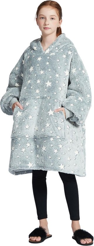 glow in the dark hoodie deken kinderen - fleece deken met mouwen - ultrazachte binnenkant - snuggie - one size fits all - kids - energie besparen