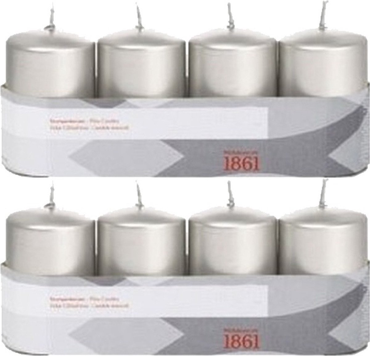 Trend Candles Cilinderkaarsen/stompkaarsen - set 8x - zilver - 5 x 8 cm - 18 branduren