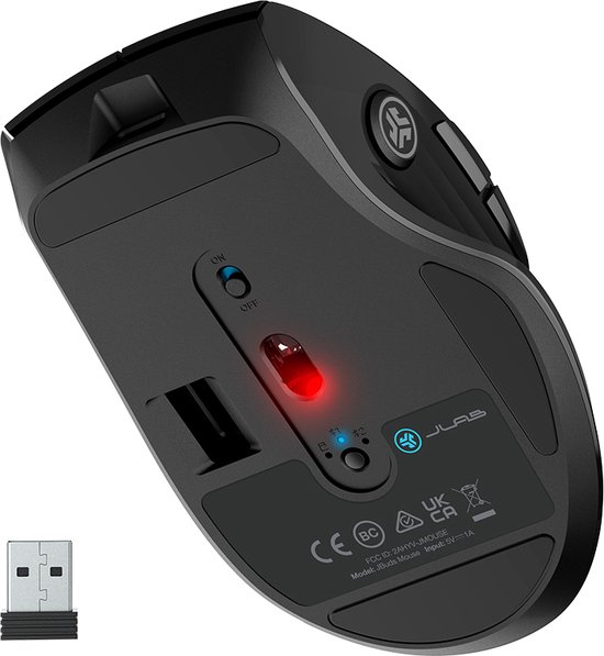 JLab Jbuds Draadloze Muis - Bluetooth Computermuis Draadloos - Stille Clicks - Verbind 3 Apparten - Draadloze Dongle - 4 Maanden Batterijduur - Rechtshandig - Multipoint - USB C Oplaadbaar - Zwart