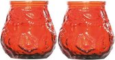 2x Oranje mini lowboy tafelkaarsen 7 cm 17 branduren - Kaars in glazen houder - Horeca/tafel/bistro kaarsen - Tafeldecoratie - Tuinkaarsen