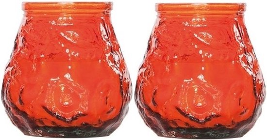 2x Oranje mini lowboy tafelkaarsen 7 cm 17 branduren - Kaars in glazen houder - Horeca/tafel/bistro kaarsen - Tafeldecoratie - Tuinkaarsen