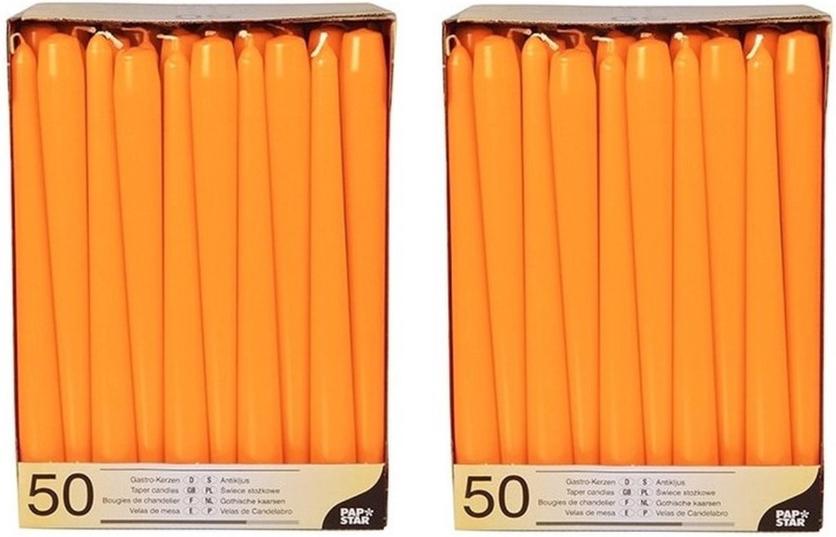 Voordeelverpakking oranje dinerkaarsen/kandelaarkaarsen - Gotische kaarsen 100 stuks 25 cm - Tafel decoratie kaarsen
