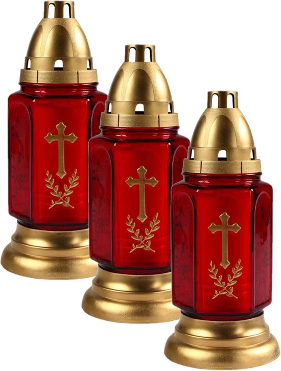 4x stuks grafkaarsen/gedenklichten met deksel rood/goud 11 x 24 cm - 3 dagen brandtijd - Graflichten/herdenkingslichten