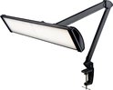 Zwarte bureaulamp met verstelbare arm en klemvoet, op witte achtergrond.
