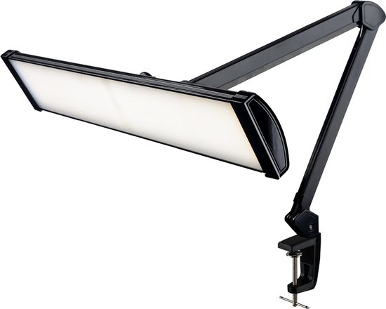 Zwarte bureaulamp met verstelbare arm en klemvoet, op witte achtergrond.