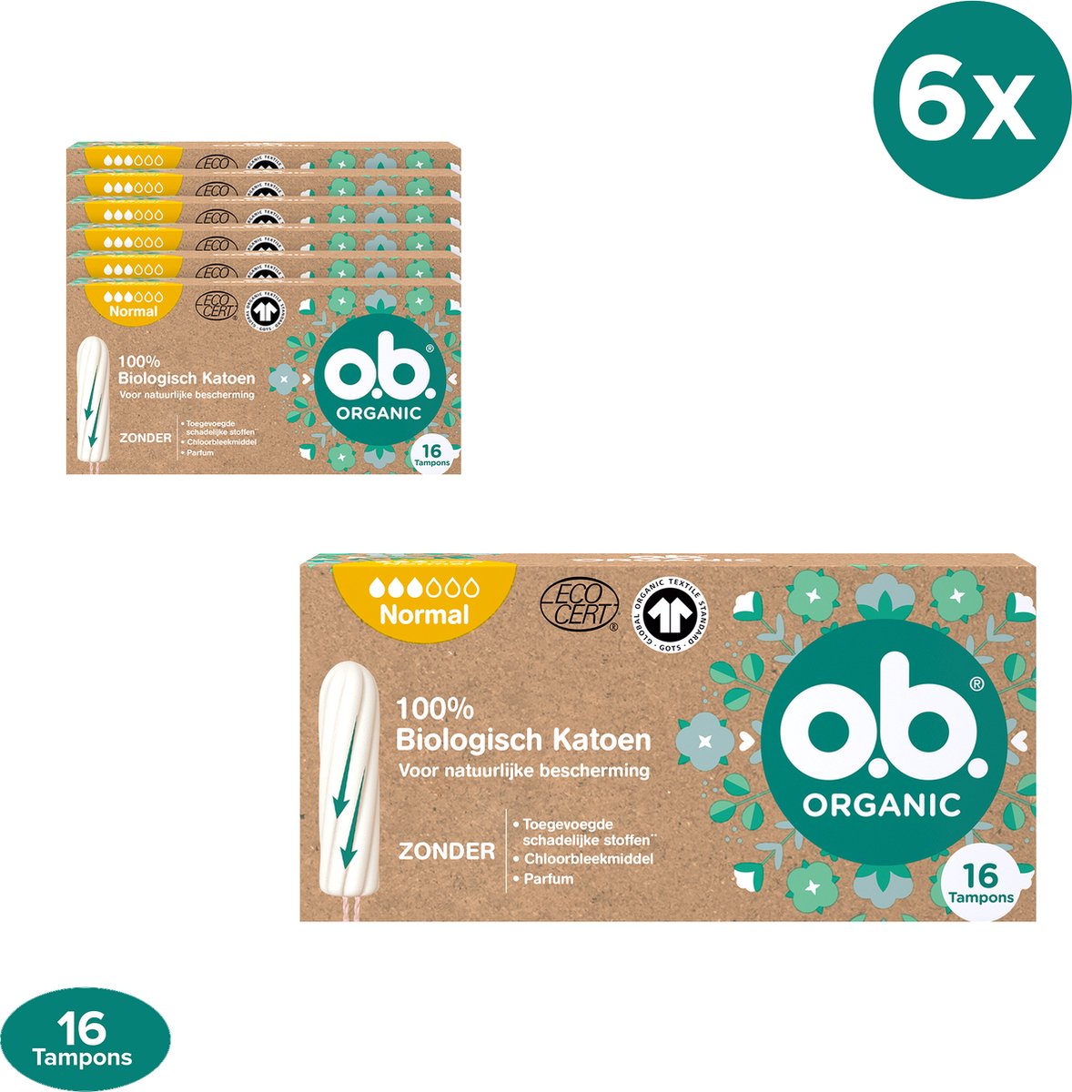 o.b.® Organic Normal, tampons bio pour flux moyens à abondants en coton  100%... | bol.com