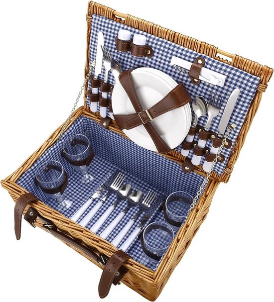 Panier de pique-nique en osier LuxeBass avec couvercle, Assiettes à Couverts , tapis en Verres | Panier pique-nique 22L pour 4 personnes | Panier à pique-nique - LB618