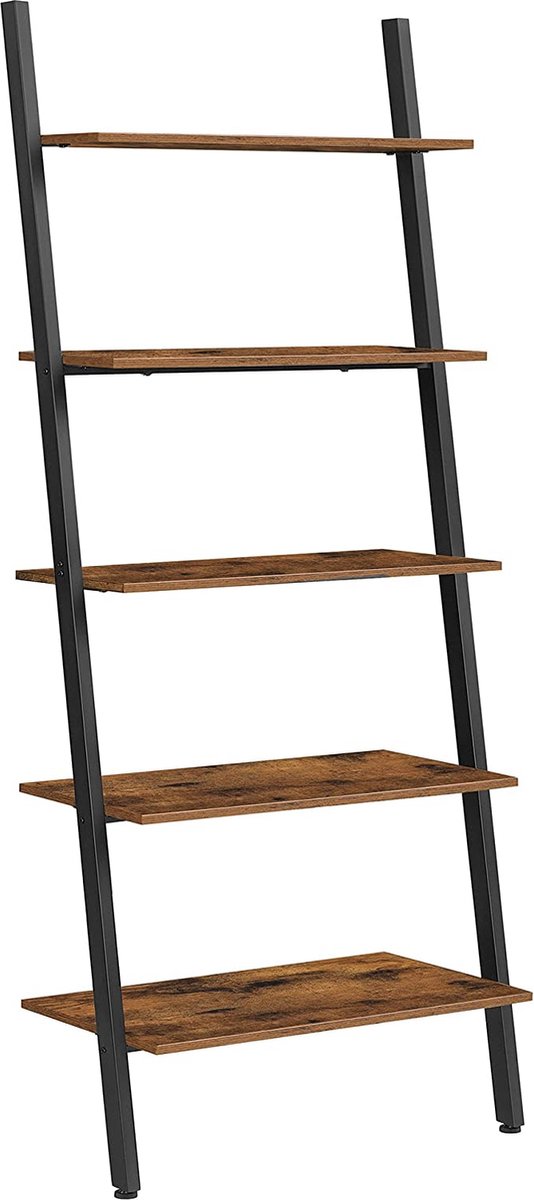 Berkatmarkt - ladderrek in industrieel ontwerp, boekenkast met 5 niveaus, wandrek, woonkamer, keuken, kantoor, strijkijzer, stabiel, schuin, tegen de muur leunend, vintage bruin-zwart LLS46BX