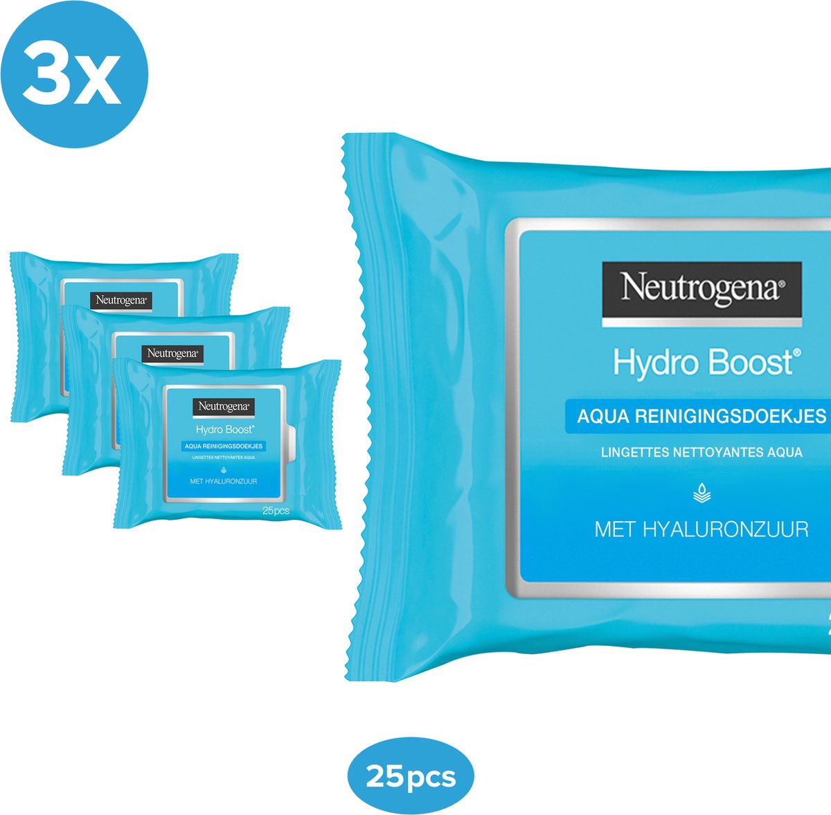 Neutrogena Hydro Boost Aqua reinigingsdoekjes, met Neutrogena reinigingstechnologie, hyaluronzuur en een hydraterende crème, 3 x 25 stuks