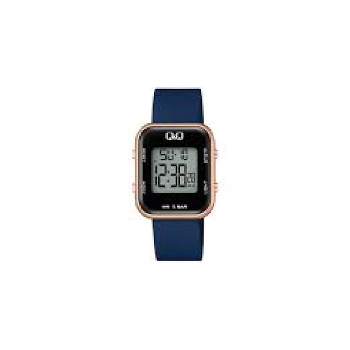 QQ model M207j009y-(sport) horloge-Digitaal-stopwatch-donkerblauw siliconen band -datum-5 bar waterdicht-2 tijden-alarm-timer
