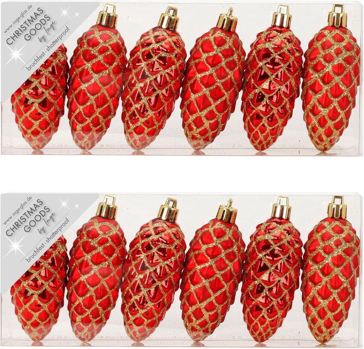 Inge-glas Kersthangers 12x dennenappels - rood 9 cm - licht - breukbestendig - feestelijk