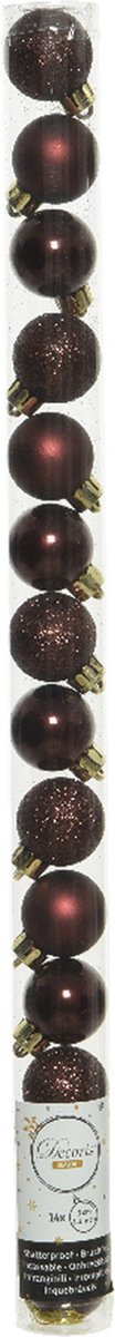 Decoris Mini kerstballen - 14x st - mahonie bruin - D3 cm - kunststof - kerstversiering