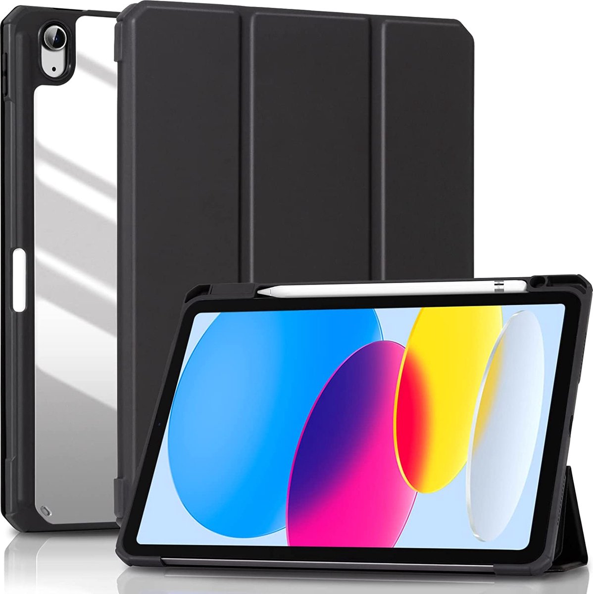 iPad (2022) 10.9 Inch Hoesje - 10e Generatie - iPad 10 Hoes - Transparant - Tri-Fold Book Case - Slim - Stylus Pen Houder - Zwart