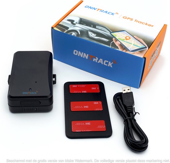 Onntrack GPS tracker, magnetische houder met 3M tape, USB-kabel en verpakking met auto en kaart.